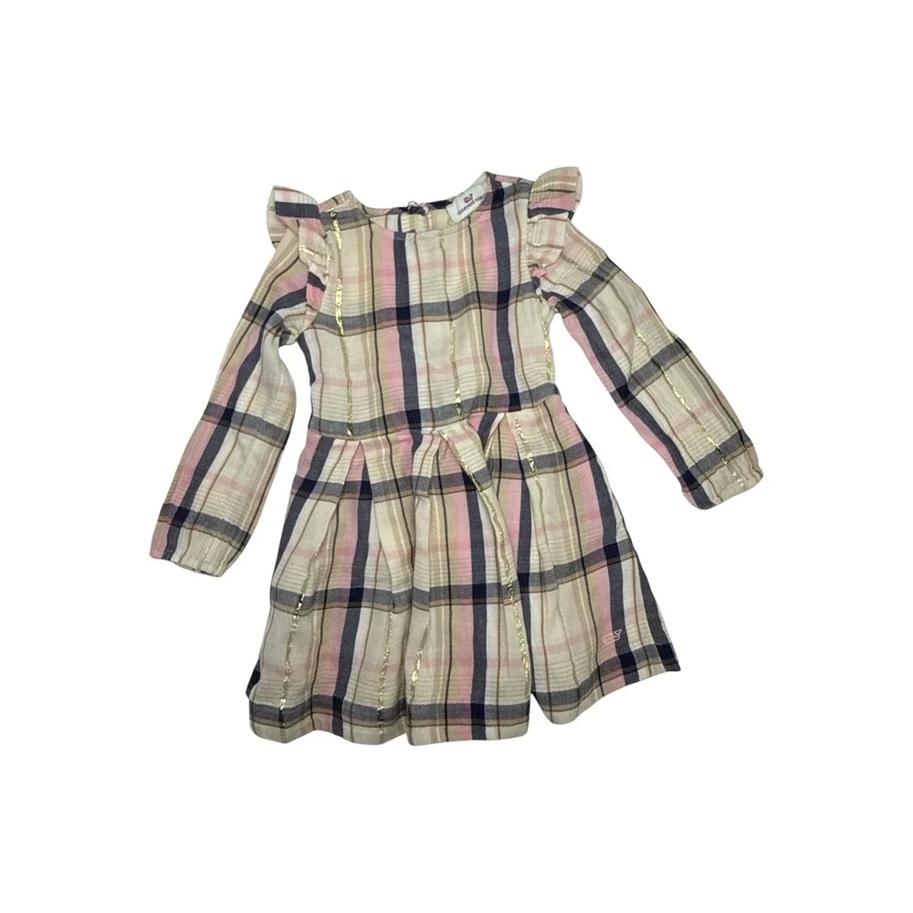 Vineyard Vines Plaid Dress Toddler Girls 3T Pink Navy Gold Excellent Ruffle Bow